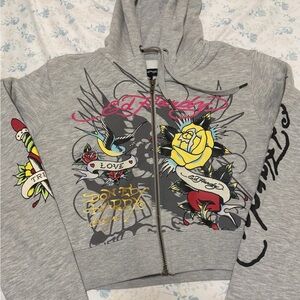 Ed Hardy Gray Hoodie with Colorful Tattoo Graphics